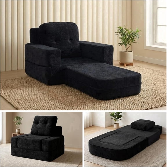 Oak and Birch 3-in-1 Folding Floor Sofa Bed, Boneless Convertible Couch with Chaise Lounge & Sleeper, High-Density Foam, Plush Velvet Upholstery, No Assembly, Black