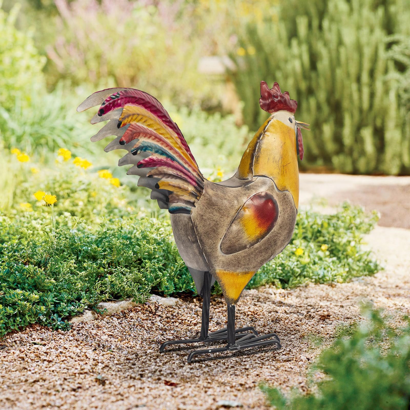 MODE HOME Metal Rooster and Hen Statues Set of 2, Indoor Outdoor Chicken Yard Art Decorations, Farmhouse Kitchen Table Garden Patio Lawn Decor, Gray Yellow Sculptures 12.2x11.5 Inch