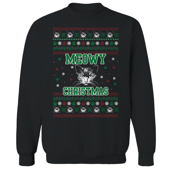 Christmas Holiday Meowy Xmas Sweater Print Graphic Black Men's Cotton Pullover Sweatshirt