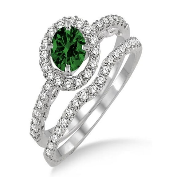 1.5 Carat Emerald & Diamond Antique Floral Halo Bridal set on 10k White Gold