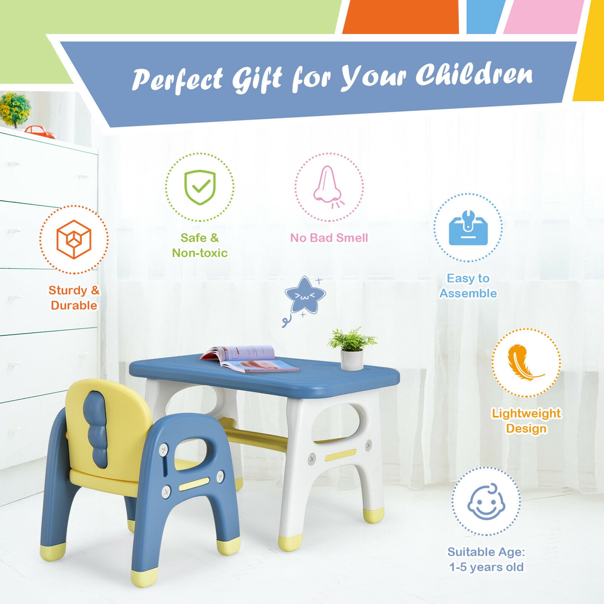 Gymax Kids Dinosaur Table and Chair Set Activity Study Desk w/ Building Blocks