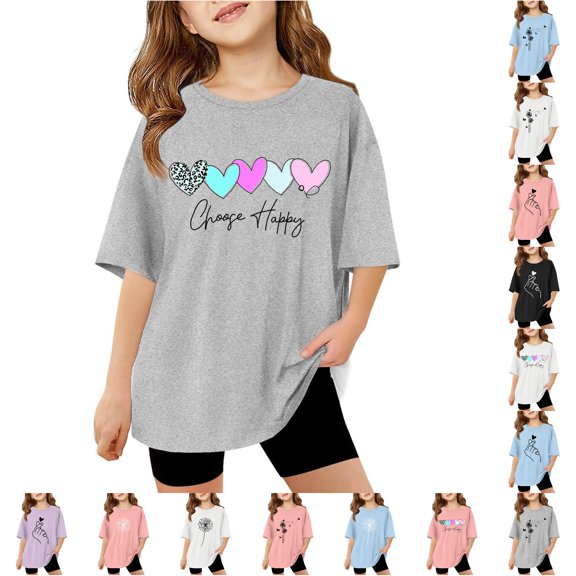 HNMKIU Girls Oversized Casual Crewneck Basic Tee Letter Graphic Short Sleeve Summer Top Soft Relaxed Fit For Kids Grey-a,3-4