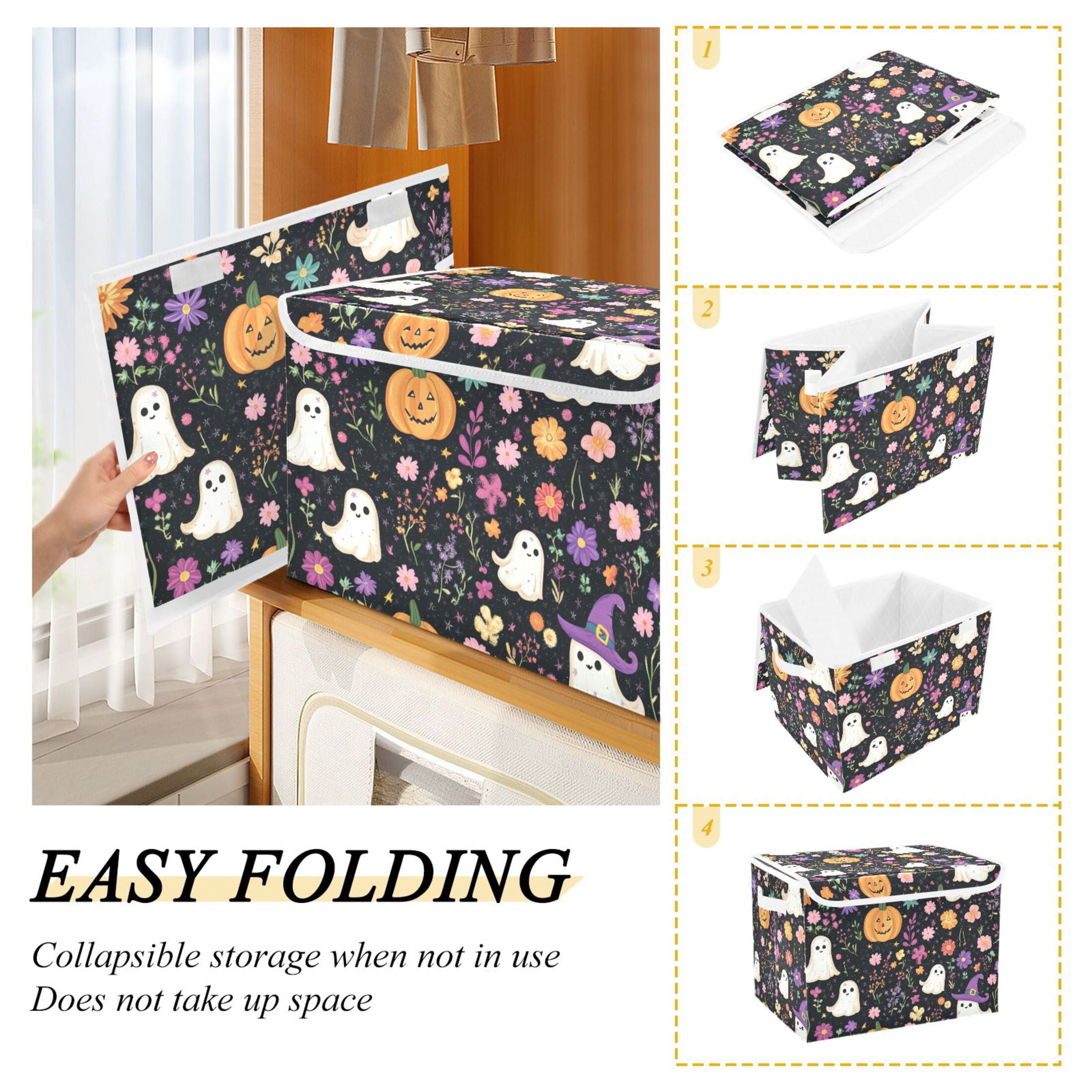 Halloween Specters Pumpkins Flowers Crayon Painting Foldable Storage Bin with Lid and Handle Collapsible Storage Box 16.5 x 12.6 x 11.8 inches