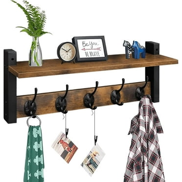 Coat Rack Shelf Wall Mounted 17 ", Entryway Coat Hanger with 5 Hooks, Hat Rack for Bedroom, Bathroom, Rustic Brown