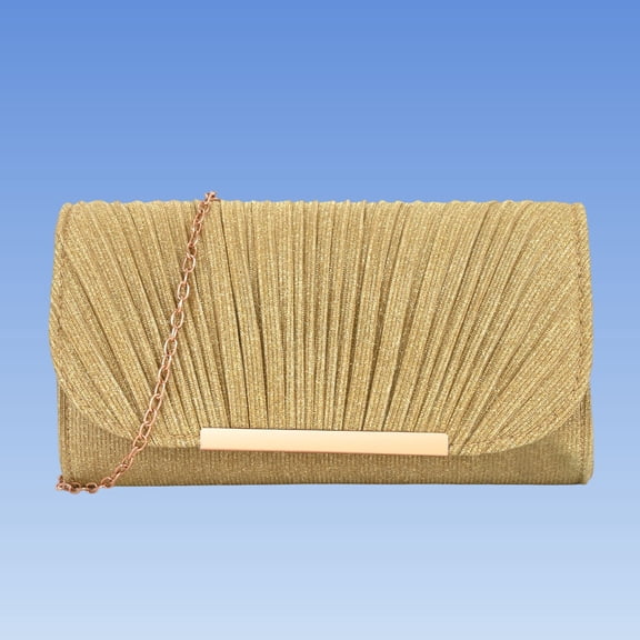 Womens Glitter Pleated Clutch Bag with Chain, Convertible Evening Purse for Wedding Party, Gold,Size Free Size