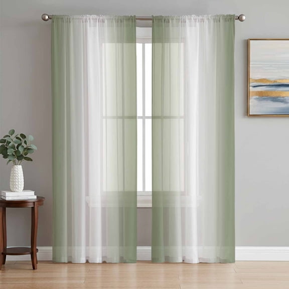 Green White Ombre Semi Sheer Curtains 108 Inch Length 2 Panels Set, Country Pastoral Gradient Minimalist Sheer Kitchen Curtain Privacy Voile Window Curtain for Living Room Bedroom Rod Pocket Drapes
