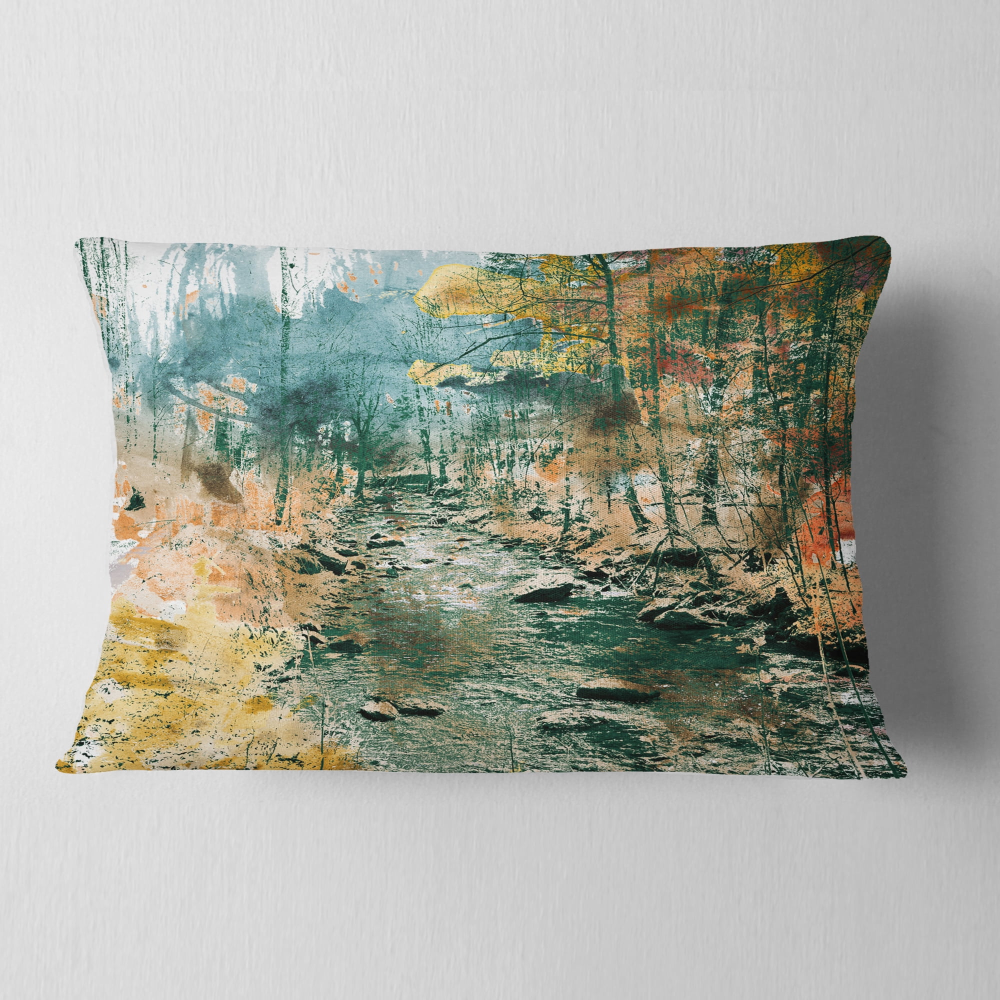Designart Rocky River - Landscape Painting Throw Pillow - 12x20