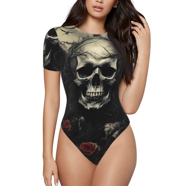 Fotbe Vintage Winged Rose Skull Body de Mujer con Cuello Redondo y Mangas Cortas, Sin Mangas Ajustado, Suave, Cómodo y Básico-Medium