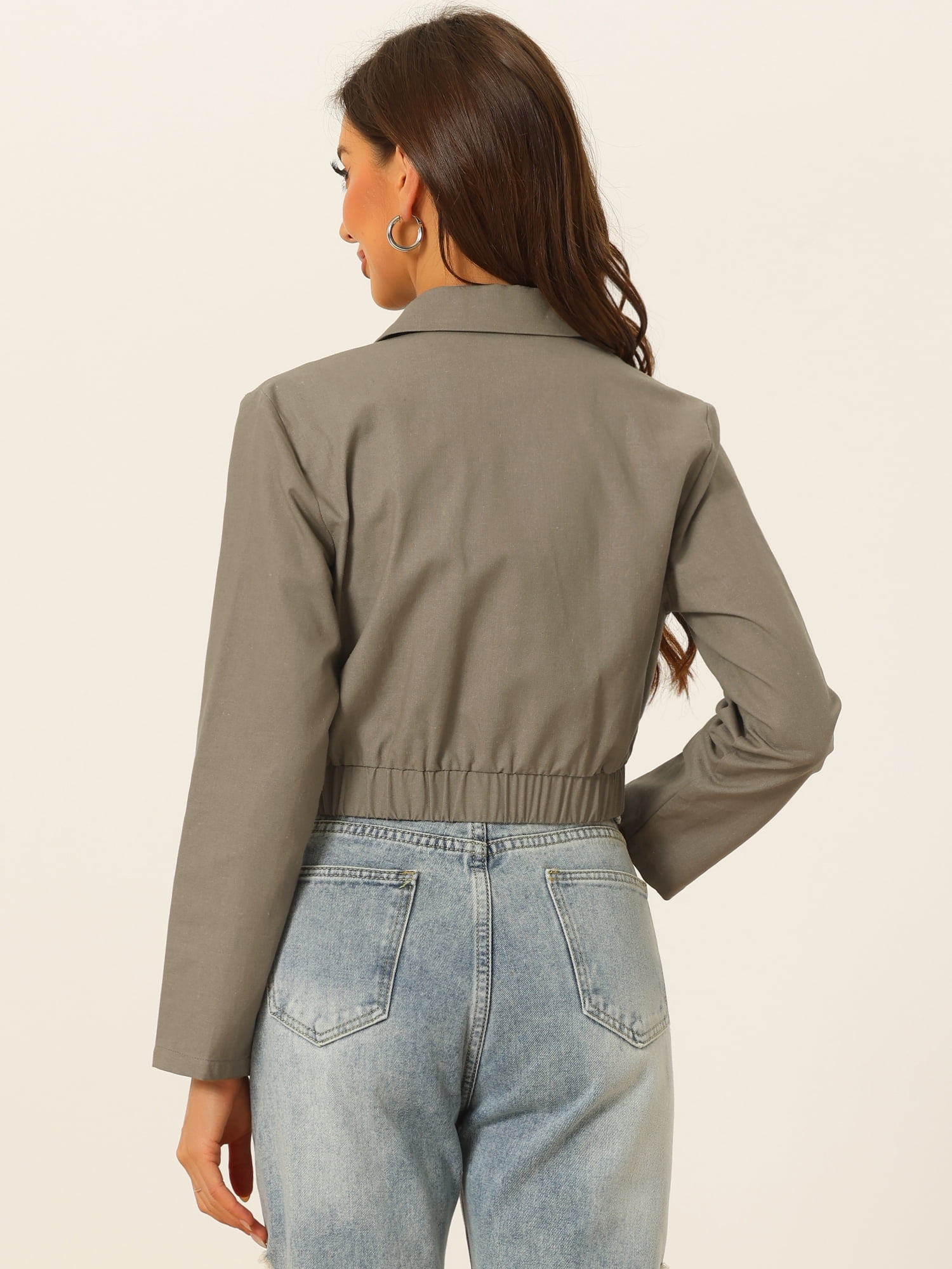Unique Bargains Cropped Jackets for Women's Zip Up Lightweight Utility Anorak Coat XS Gray Army Green