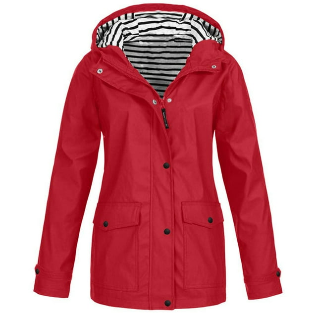 LMKIHUSA Manteau Grande Taille pour Femmes Imperméable Décontracté Vestes à Capuche Légères Trench-Coat Extérieur Randonnée 2025 Rouge,G