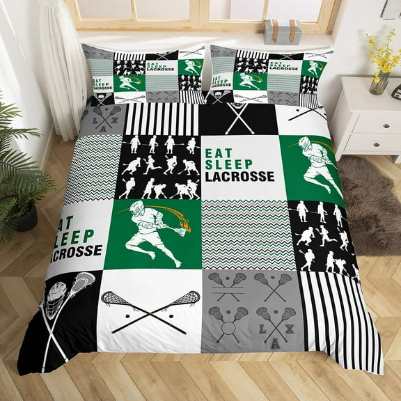 Lacrosse Duvet Cover,Eat Sleep Lacrosse Bedding Twin,Sports Game Player Comforter Cover,Geometric Plaid Patchwork Bed Sets with 1 Pillowcase,Green Black White