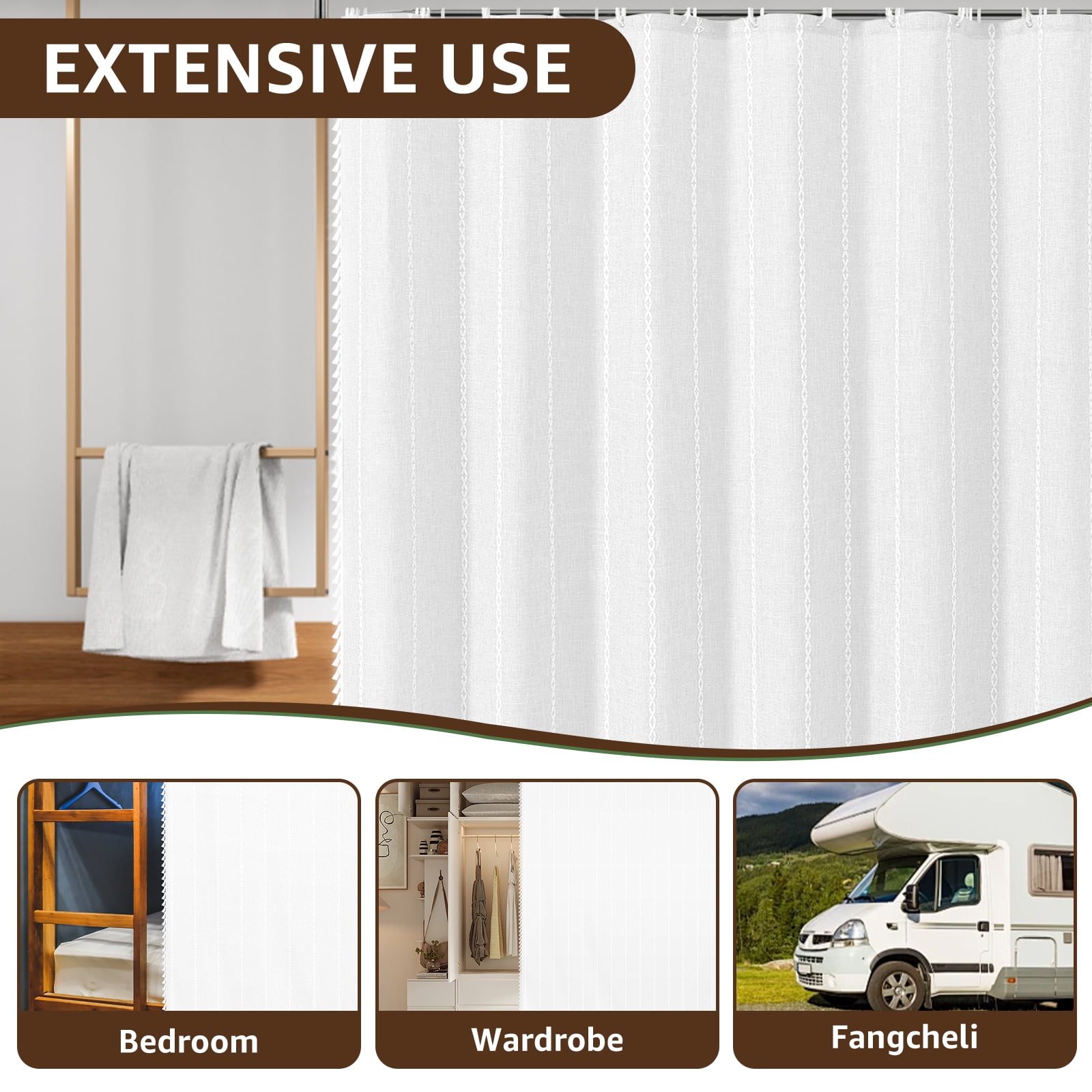 Dznils Boho Tassel Shower Curtain with Hooks, Farmhouse Thick Cloth Linen Fabric Bathroom Curtain, White, 72" x 72"
