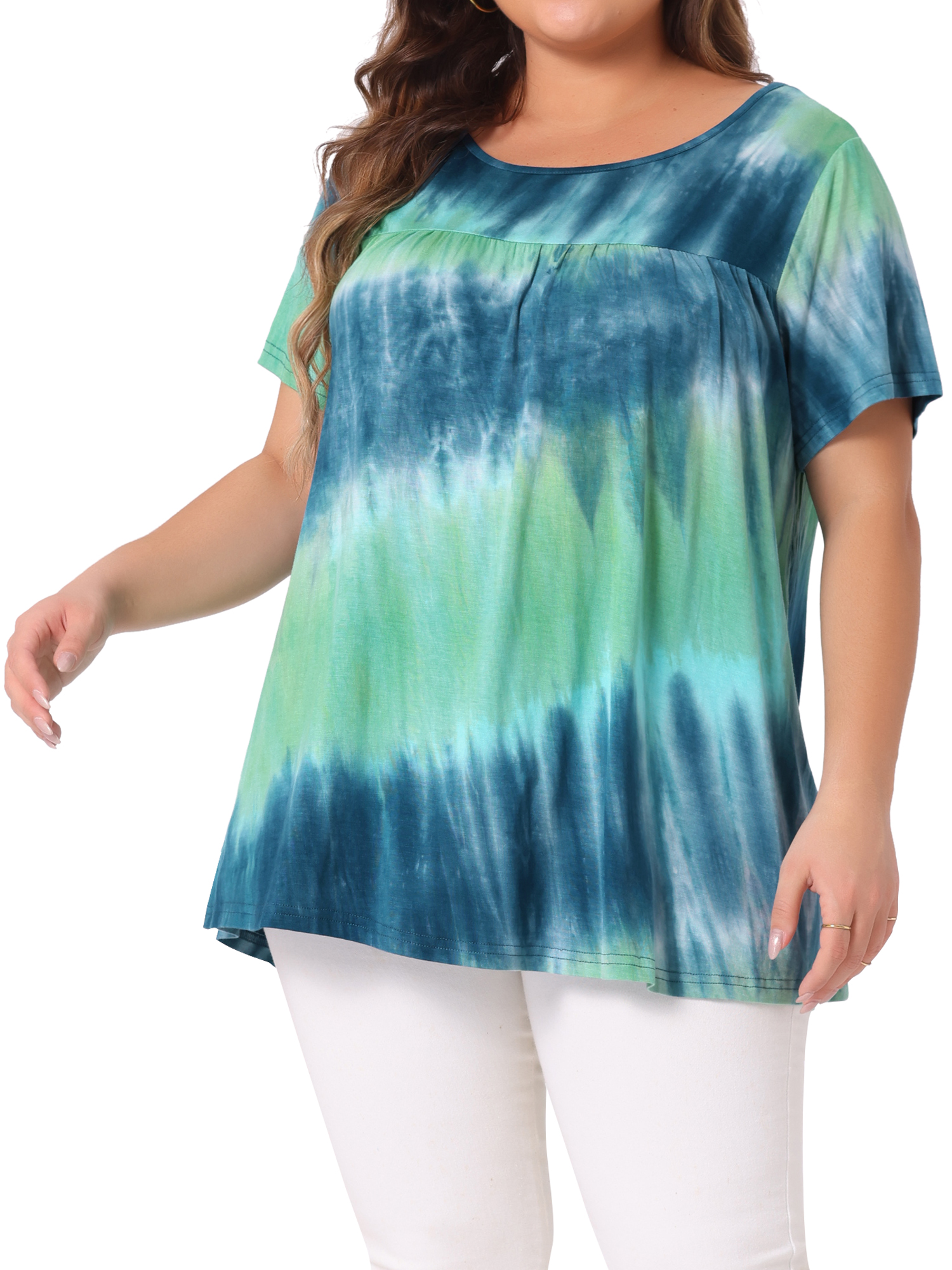 DARING DIVA Women's Plus Pleated Front Casual Blouse 1X Blue Green