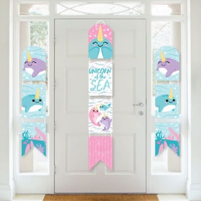 Narwhal Girl - Hanging Vertical Paper Door Banners - Under The Sea Baby Shower or Birthday Party Wall Decoration Kit - Indoor Door Decor