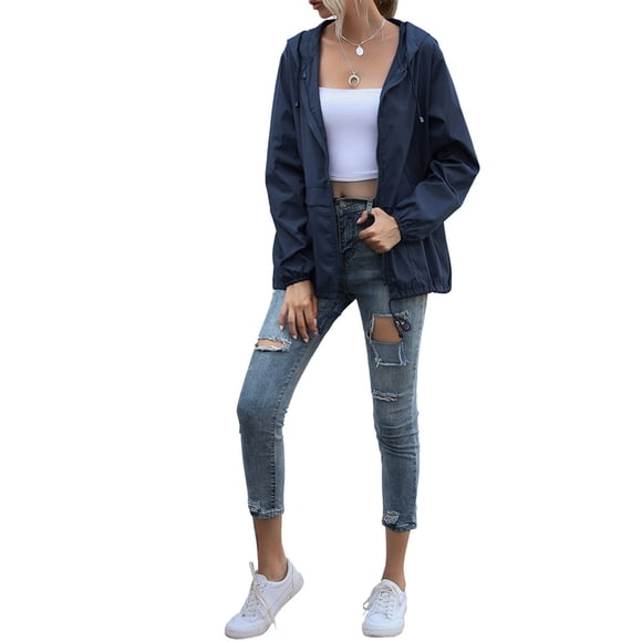 Sonducket Chubasquero ligero para mujer, impermeable, con capucha, cortavientos para exteriores, plegable, para senderismo, Camping, trajes para mujer Prendas para la parte del cuerpo Azul oscuro XXL