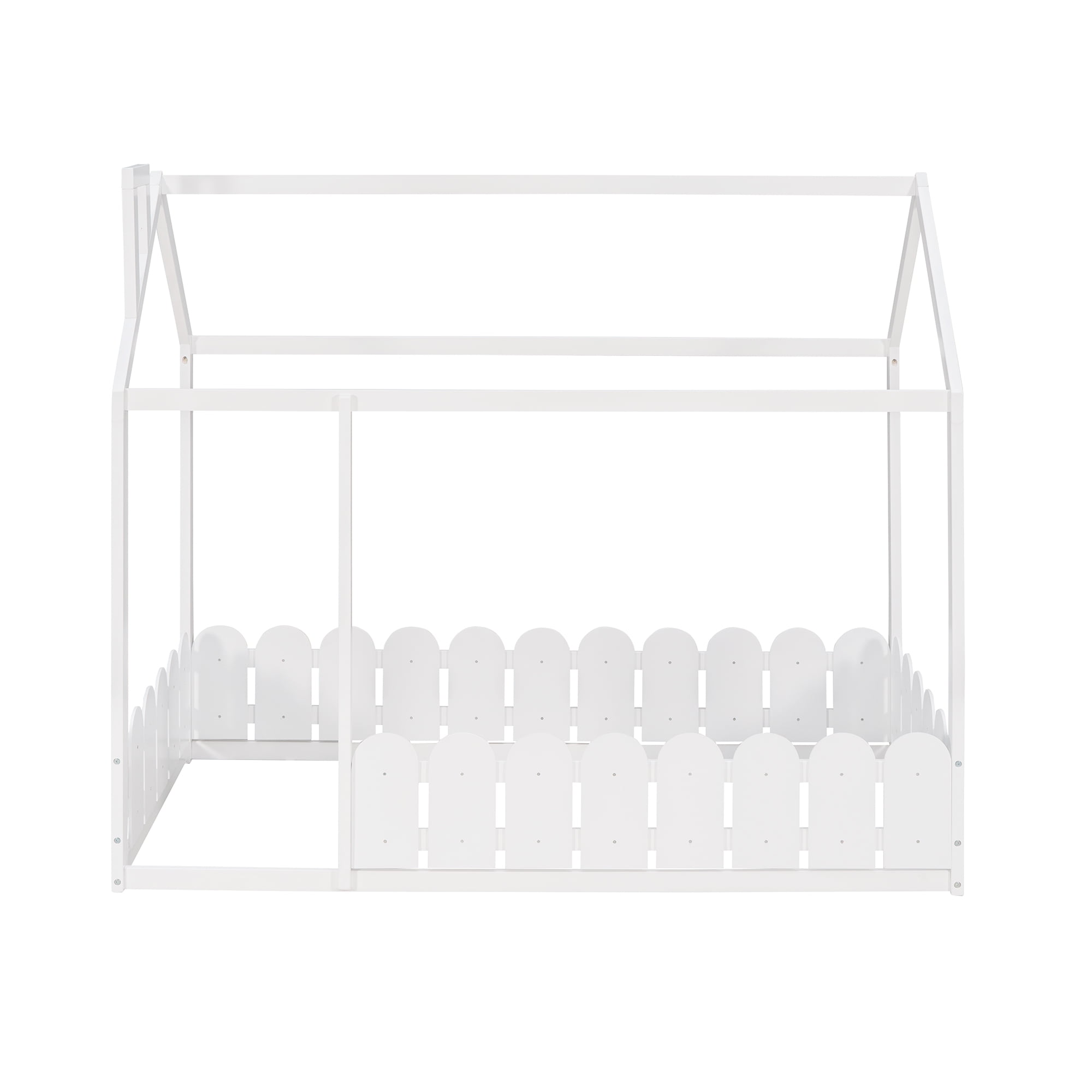 Bellemave Twin Size House Bed, Montessori Floor Bed with Fence , Wooden Twin Bed Frame , White