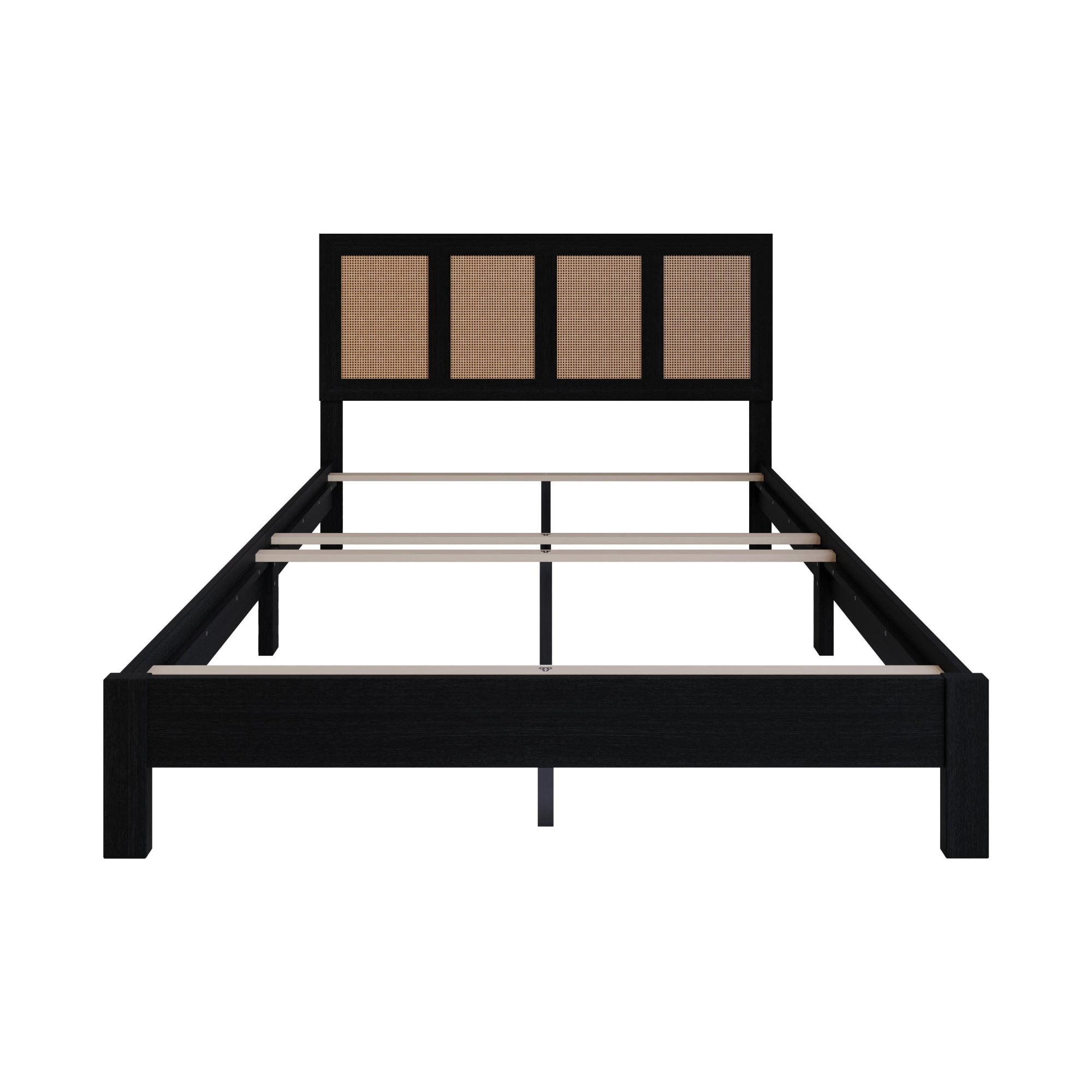Home Design Missoula Twin Wood Panel Bed Frame with Rattan Accents, Black – Box Spring Required