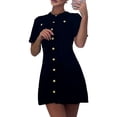 thumbnail image 3 of Knitted Dress Women'S Elegant Short Sleeves Round Neck Fake Pockets Single Breasted A-Line Dress Black S, 3 of 8