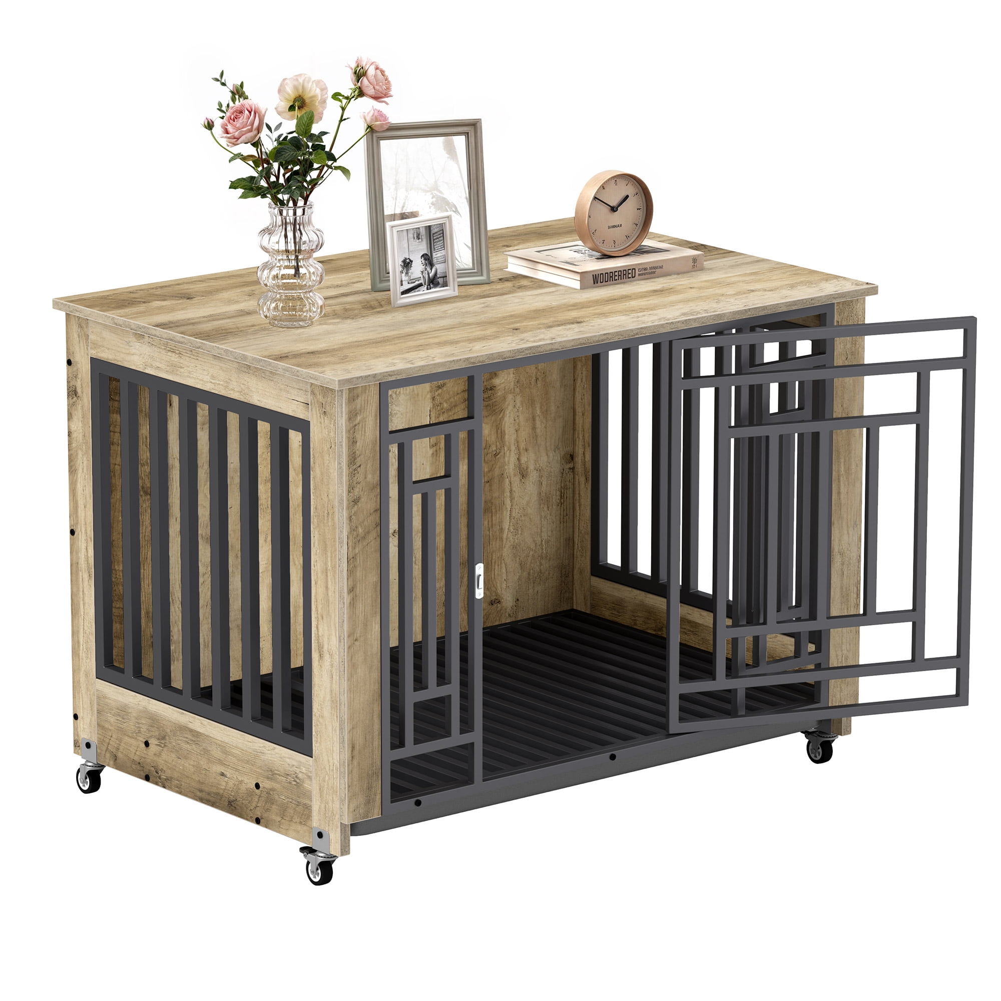 Uforic 38" Dog Crate Furniture with 4 Wheels, Indoor Furniture Style Wooden Large Dog Kennel, Greige