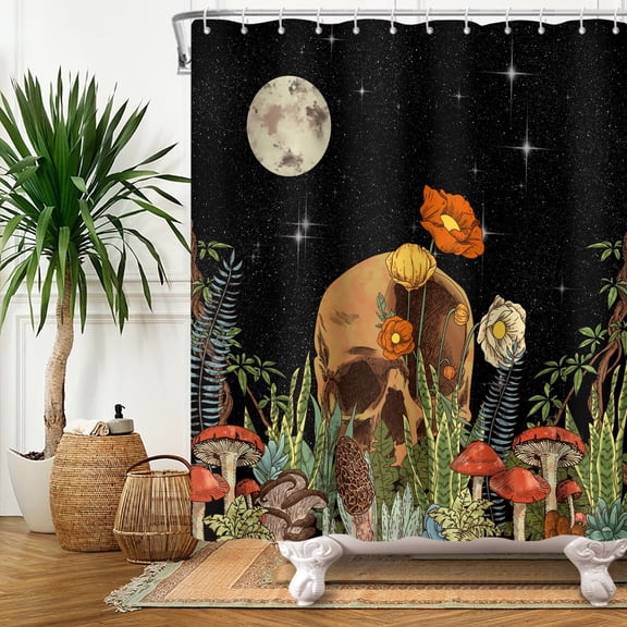 MIZHONA Gothic Skull Shower Curtain Skeleton Mushroom Fabric Bathroom Curtain 72x72 in