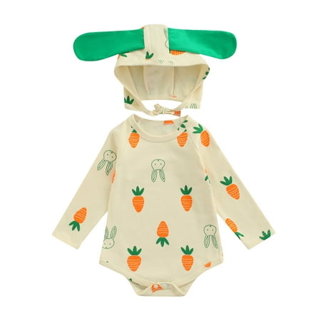 

Canrulo Newborn Baby Boys Girls Casual Romper Cartoon Print Long Sleeve Playsuits Tie-up Cap Jumpsuits Apricot Carrot 3-6 Months