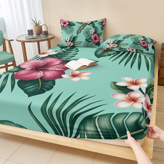 Cal.King Size Fitted Sheet Set - Tropical 3 Piece Bedding Sets 16" Deep Pocket Fitted Sheet with 2 Pillowcases, Pink Floral Green Palm Leaf Aqua Watercolor Brushed Microfiber Hotel Luxury Bed Sheets