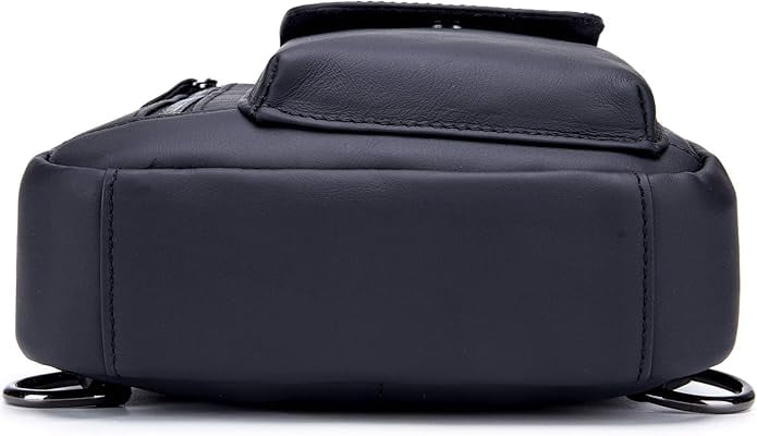BULLCAPTAIN Genuine Leather Sling Bag for Men, Crossbody Chest Backpack with Adjustable Strap, Zipper Closure. , Black