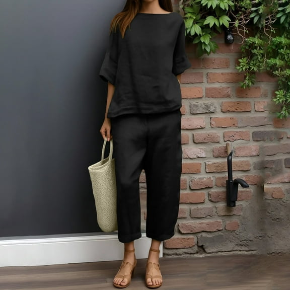 Women Casual Solid Color Linen Round Neck Long Sleeve Button Top Trousers Set Juniors Pant Suits Formal Two Piece Pantsuit Cicada Suit Pant Suits for Women Dressy plus Size Casual Work Outfits for