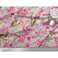 thumbnail image 3 of Soimoi Pink Moss Georgette Fabric Stripe,Floral & American Robin Bird Print Fabric by Yard 42 Inch Wide, 3 of 3