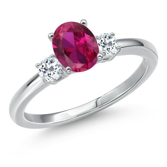 Gem Stone King 14K White Gold Red Created Ruby and White Topaz Engagement Ring for Women | 1.13 Cttw | Oval 7X5MM | Gemstone July Birthstone | Size 7
