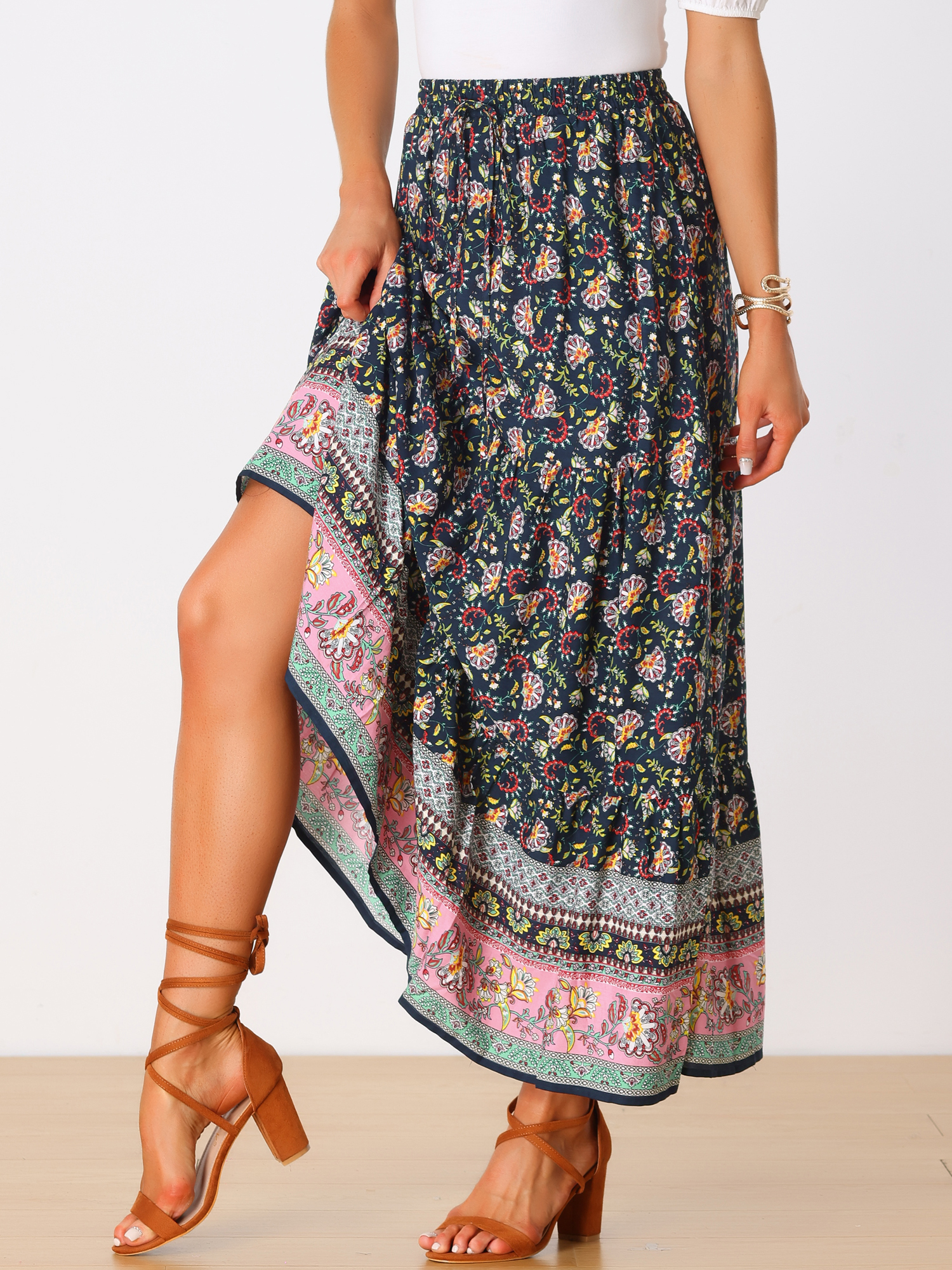 DARING DIVA Women's Boho Flare Floral Skirt XL Navy Blue
