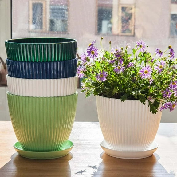 Vertical Ribbed Plastic Flower Pot with Drainage Tray,Decorative Small Planter for Indoor Outdoor Plants,Succulents,and Herbs,Modern Home Balcony Garden Pot-White