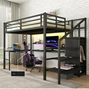 Full Size Loft Bed with Desk and Stairs, Metal Loft Bed Frame with Wardrobe and USB Charging Station, High Loft Bed with LED Light for Kids Teens Adults-Black