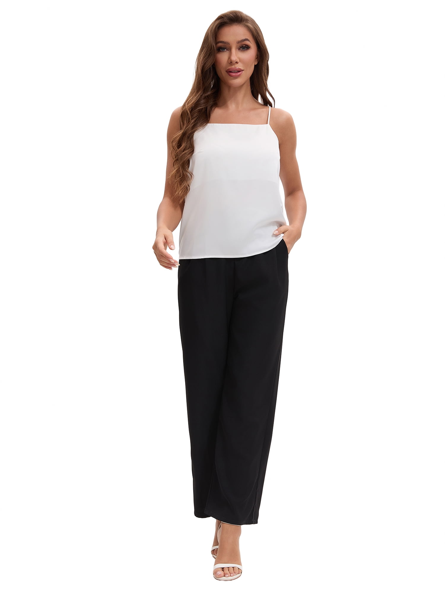 Unique Bargains Women's V Neck Wide Strap Loose Fit Camisoles L White Y3