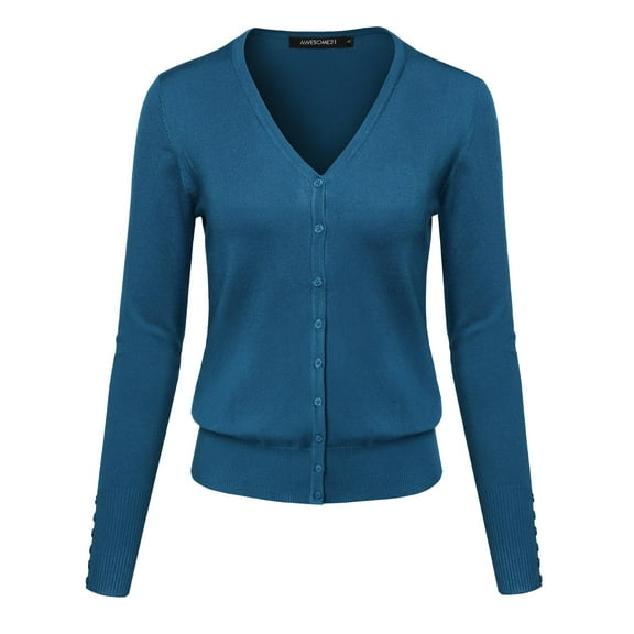 FashionOutfit Women's Basic Solid V-Neck Button Closure Long Sleeves Sweater Cardigan