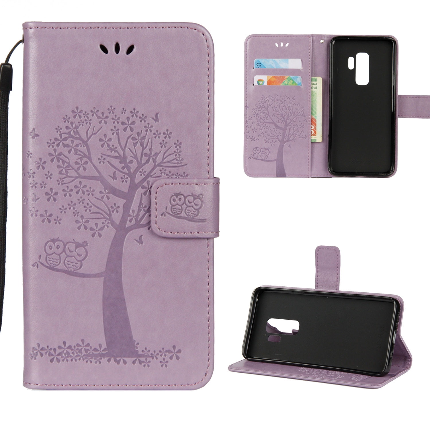 Dark Purple, Galaxy S9 Wallet Case for Samsung Galaxy S9 Beautiful Book Style 3 Card Holder Embossed Butterfly Flower PU Leather Magnetic Flip Cover for Galaxy S9 
