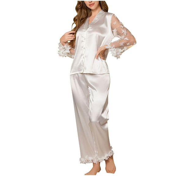 Rohuuque Women's Bridal Pajamas Set Butterfly Embroidery Sheer Mesh Satin Pajama Set Delicate Lace Trim Sleepwear White