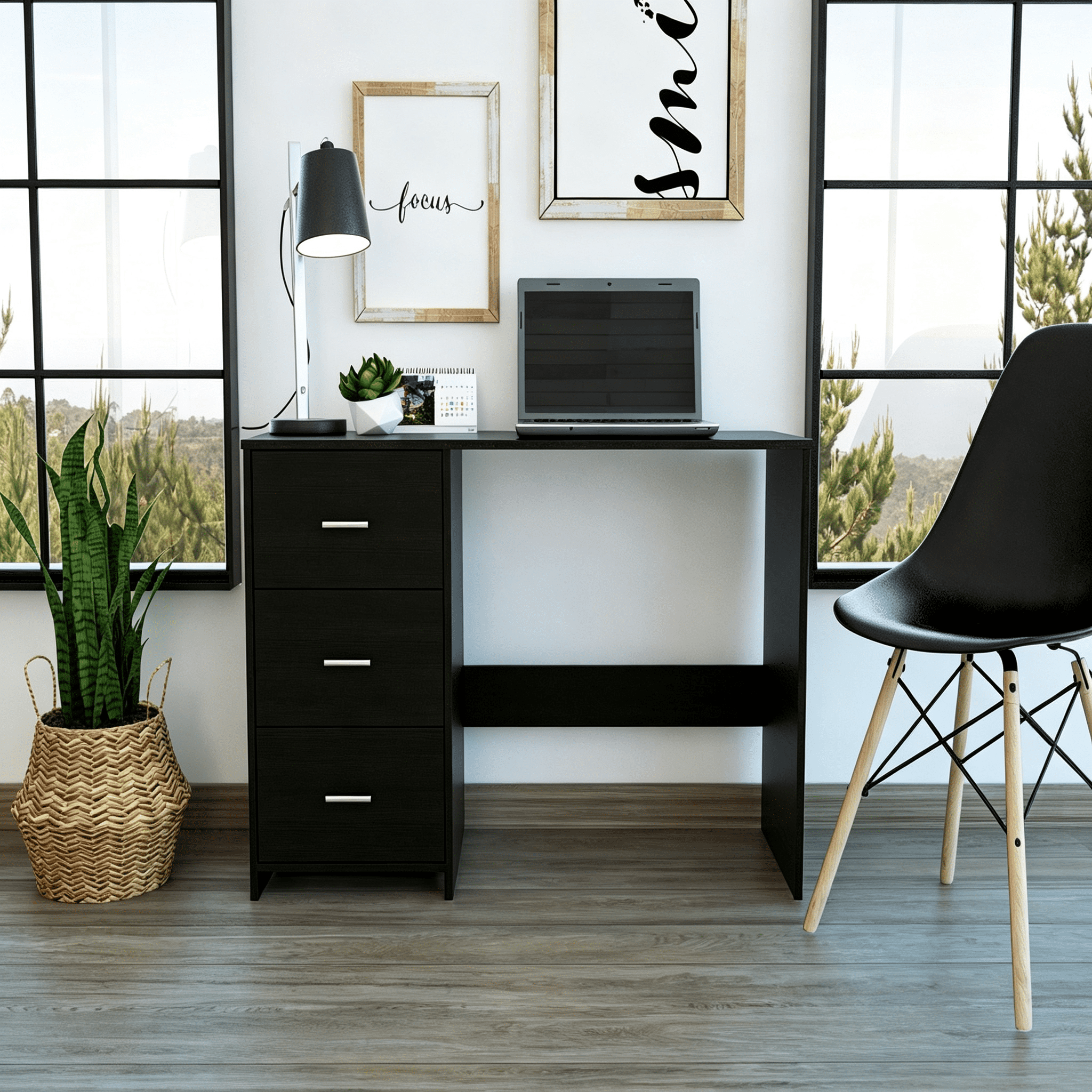 Asteroutdoor Berlin Three Drawers Desk, 47.5 in W, Engineered Wood, Black