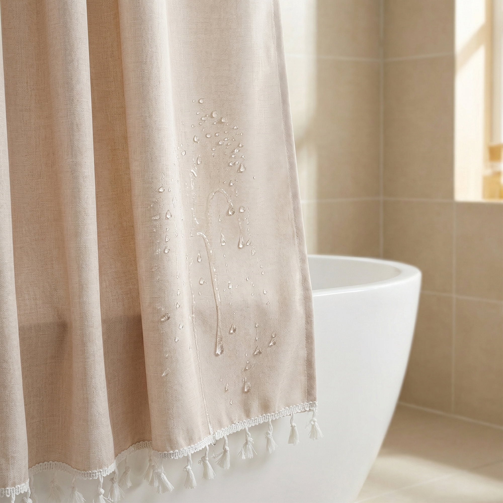 Unique Bargains Solid Trimmed Shower Curtain Sets with 12 Hooks Beige 71"W x 71"L