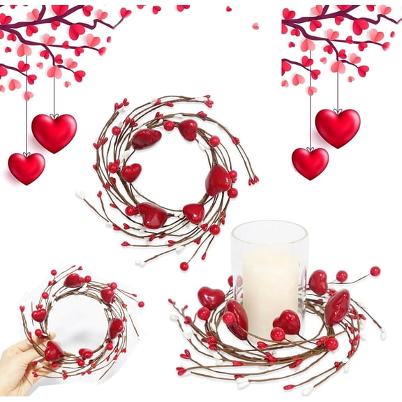 2 Pcs Valentine Candle Rings Wreaths,9in Red Heart Berry Candle Holder,Valentines Day Mini Wreath,Valentine Day Table Decor,Candle Rings for Windows Wedding Party Decor