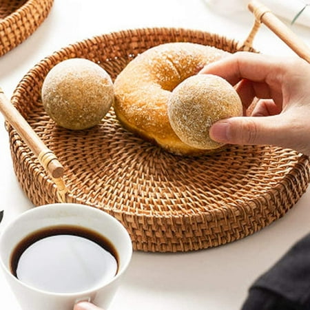

Rattan Round Serving Tray Hand-Woven Rattan Tray Serving Tray with Handles Wicker Tray Basket Tray for Bread Fruit Food Coffee Breakfast Display