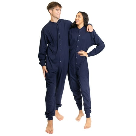 

Navy Blue Cotton Onesie with Drop Seat Footless Union Suit Pajama for Men and Women