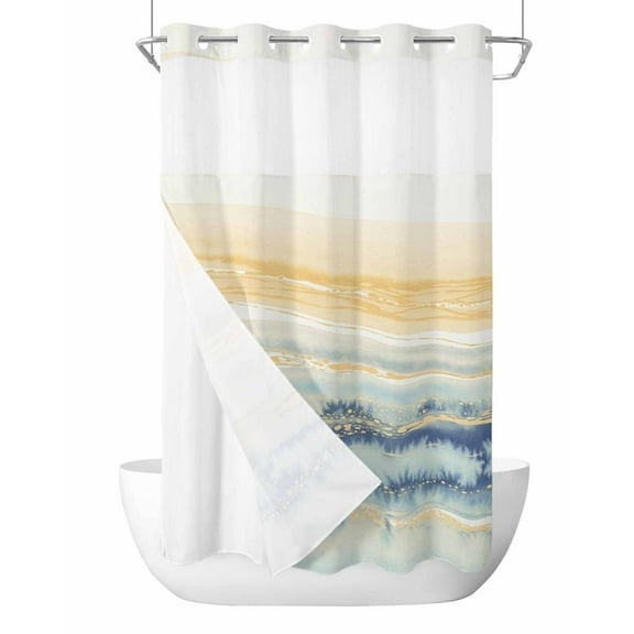 No Hook Cloth Fabric Shower Curtain with Snap in Liner, Yellow Blue Ombre Waterproof Shower Curtains Set with See Through Top Window, Abstract Modern Art Fluid Striped Bath Curtains Shower 36"x78"