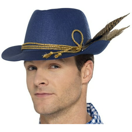 Mens Blue German Bavarian Oktoberfest Hat With Gold Hat Band Feather Accessory