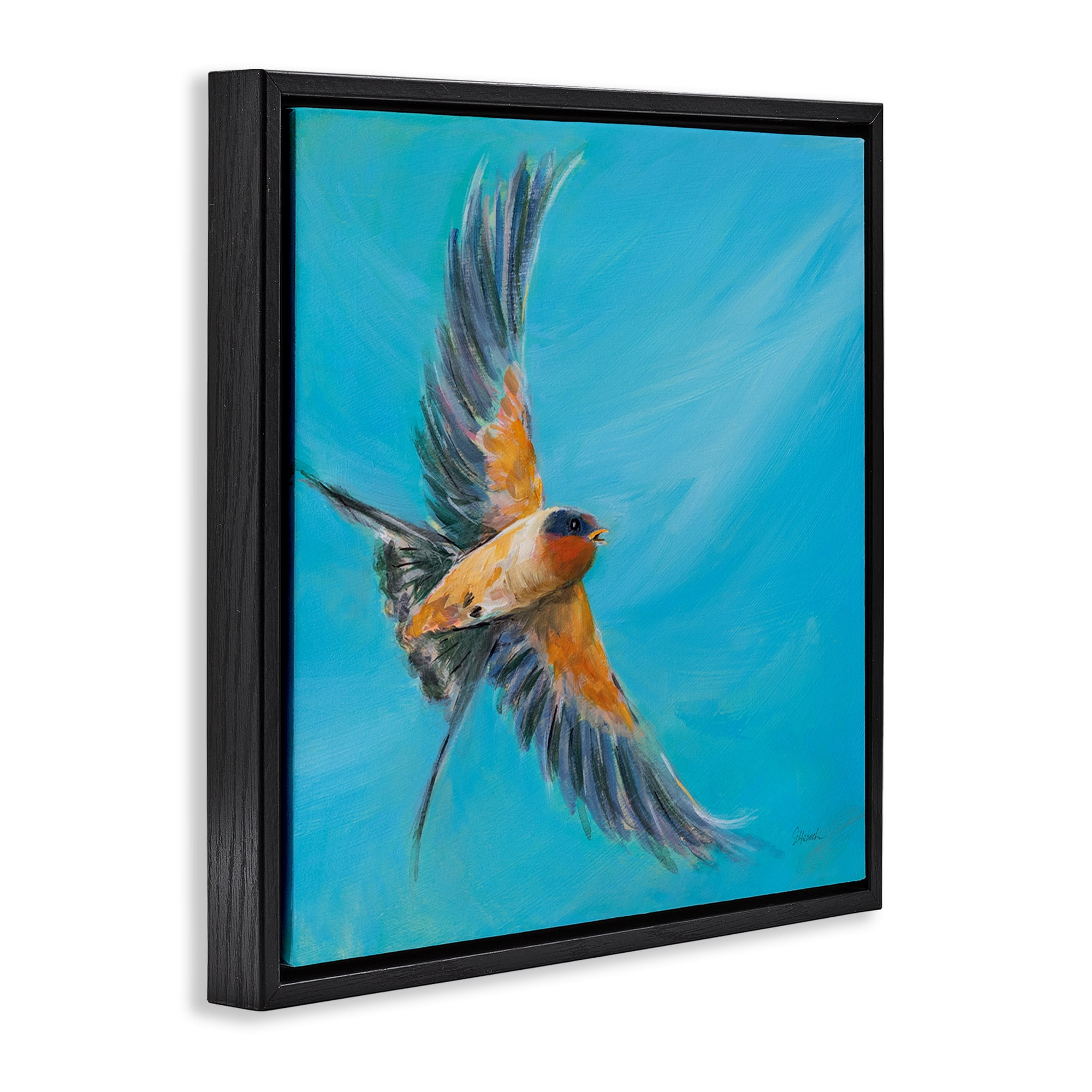 Stupell Industries Soaring Bird on Blue Animals & Insects Painting Black Floater Framed Canvas Art Print Wall Art, 18 x 18