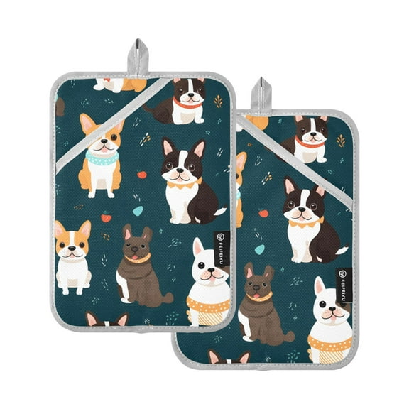 ALAZA Cartoon French Bulldog Pot Holders Set of 2 Heat Resistant Kitchen Oven Mitts