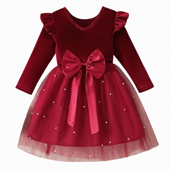 mgoYE Toddler Baby Girl Velvet Christmas Dress for Girls Long Sleeve Velvet Sequin Tutu Winter Party Holiday Dress(Red,5-6 Years)