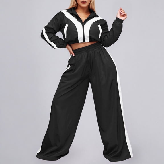 MAIHAN-Womens 2 pieces Sweatsuit Sets Zip Up Sweatshirts and Sweatpants Tracksuit Lounge Set Travel Outfits with Pocktes(Black,L)