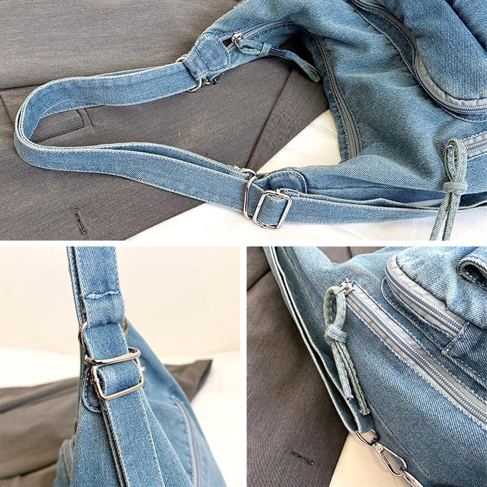 JennyShop Large Capacity Tote Purse with Multiple Pockets, High Quality Denim Shoulder Handbag, Classic Versatile Crossbody Bag
