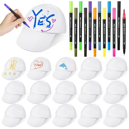 White DIY Hat Set, 16 DIY Hats with 12 Colored Pens for Youth, DIY Painting Blank Baseball Hats, Creative Adjustable Baseball Cap Hat for Family Bond, DIY Party, School Crafts, Art Classes